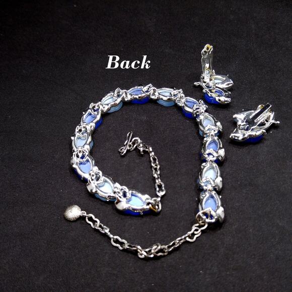 1960s Blue Lucite Leaf Necklace & Clip On Earrings Set Silver Tone Vintage - Picture 8 of 10